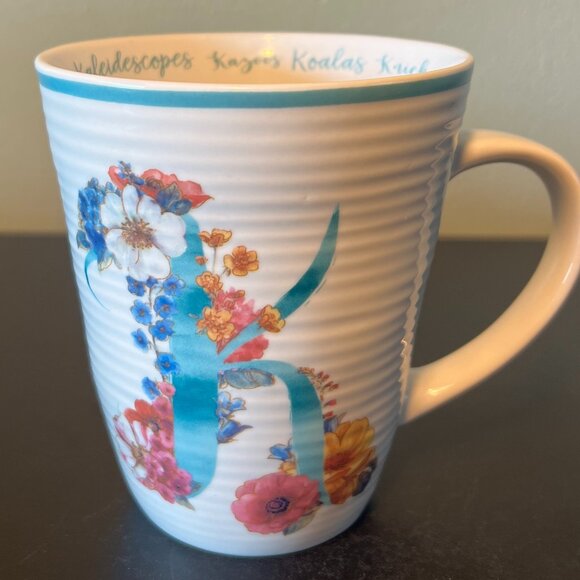 LISA AUDIT Letter "K" Initial Monogram Ceramic Mug ~ Floral Motif ~ Ribbing - Picture 2 of 13